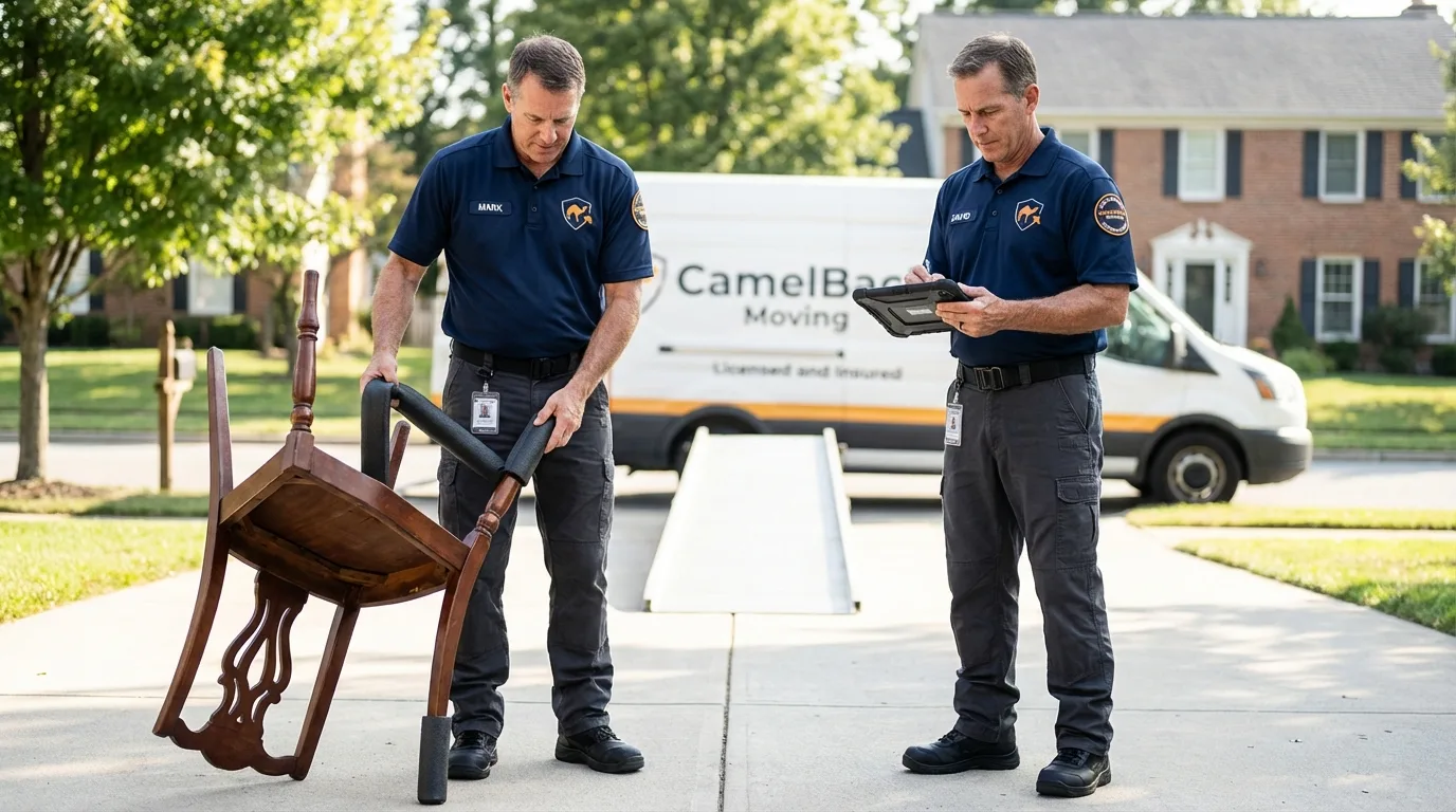 Movers inspecting furniture for damage prevention before loading in Zephyrhills, FL
