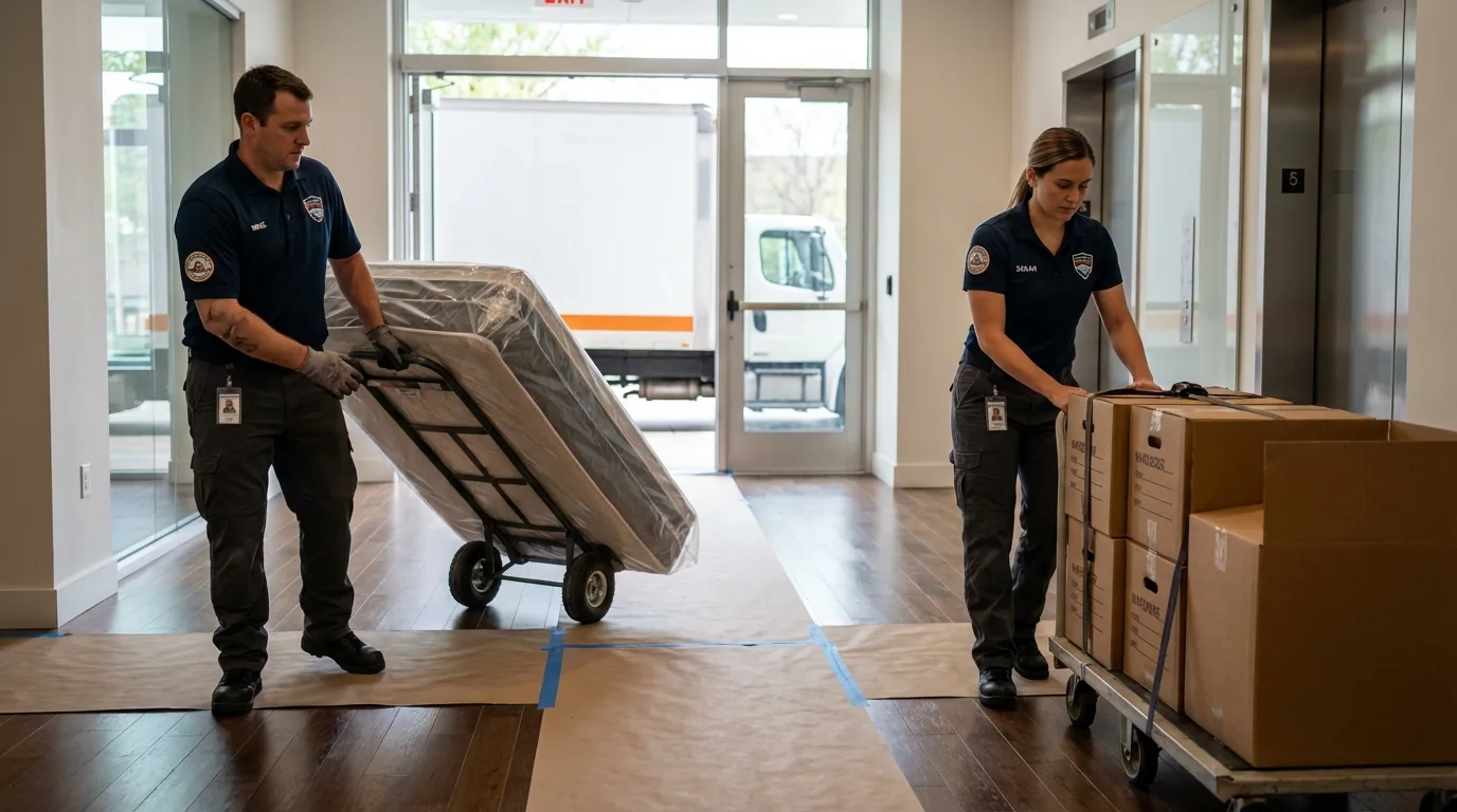 Professional apartment movers loading elevator in Zephyrhills, FL